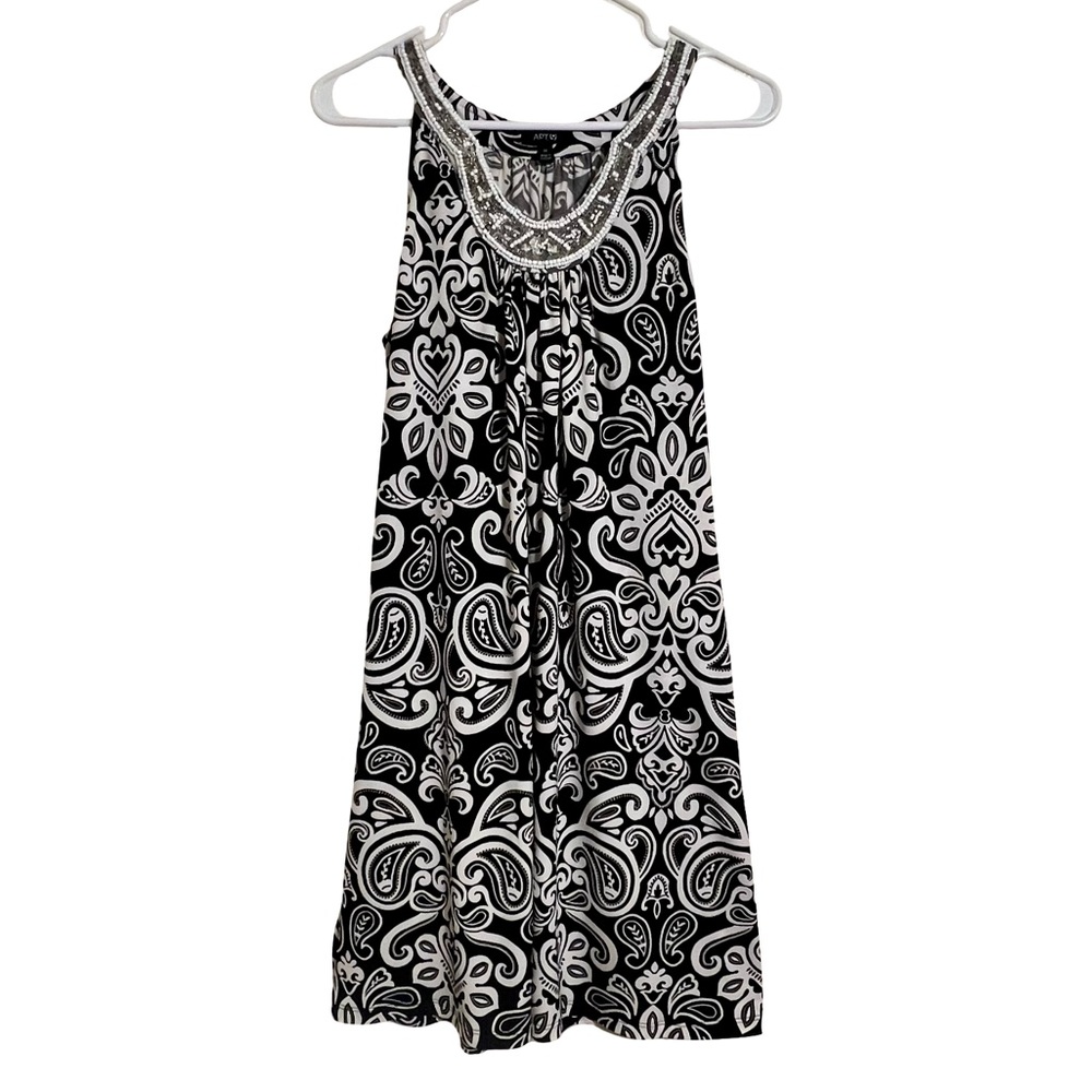 Apt. 9 Woman’s Black & White Patterned Midi Dress With Beaded Halter Neckline